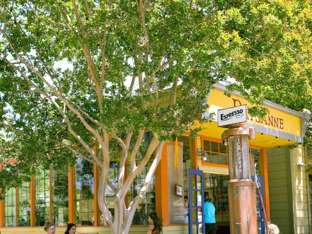 Yellow café in Boonville with large shady trees, an espresso sign, and people sitting outside.