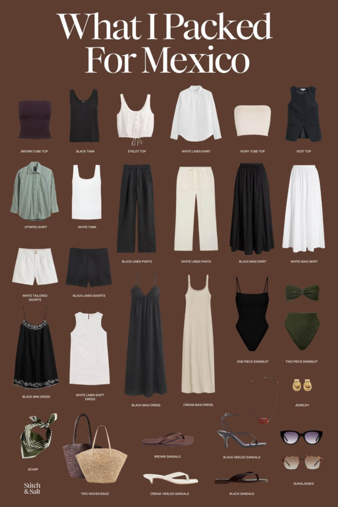 Women’s clothing and essentials packing list for a trip to Mexico