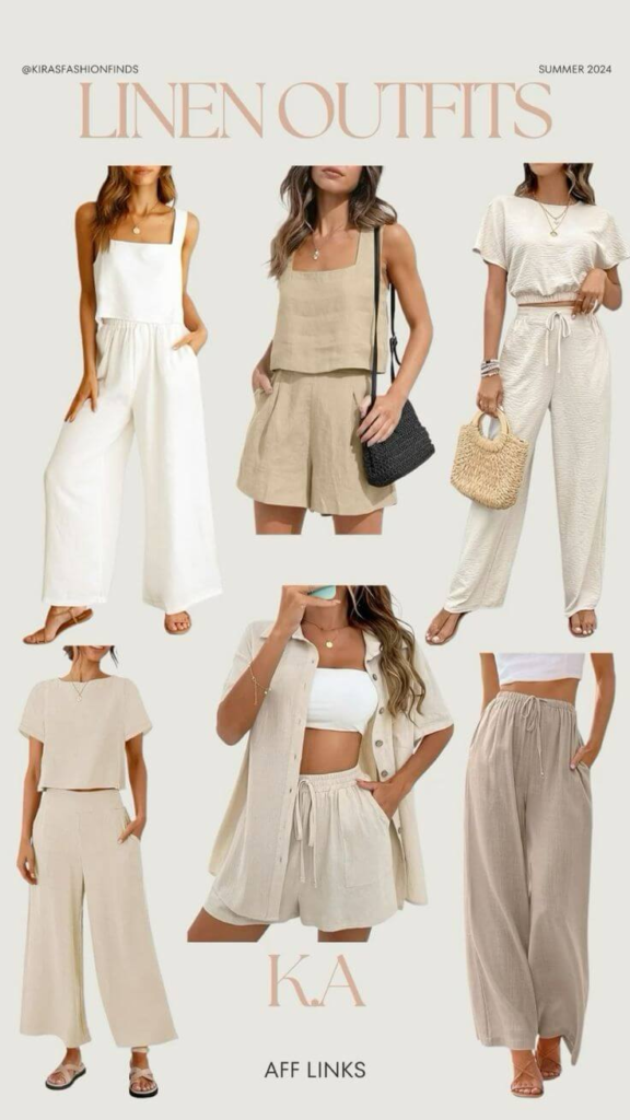 Women’s summer linen outfits in neutral colors displayed in a collage