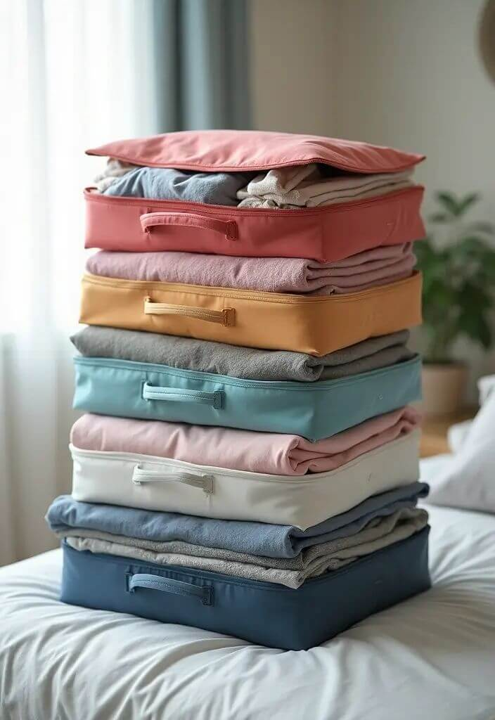 Stack of colorful packing cubes filled with clothes on a bed