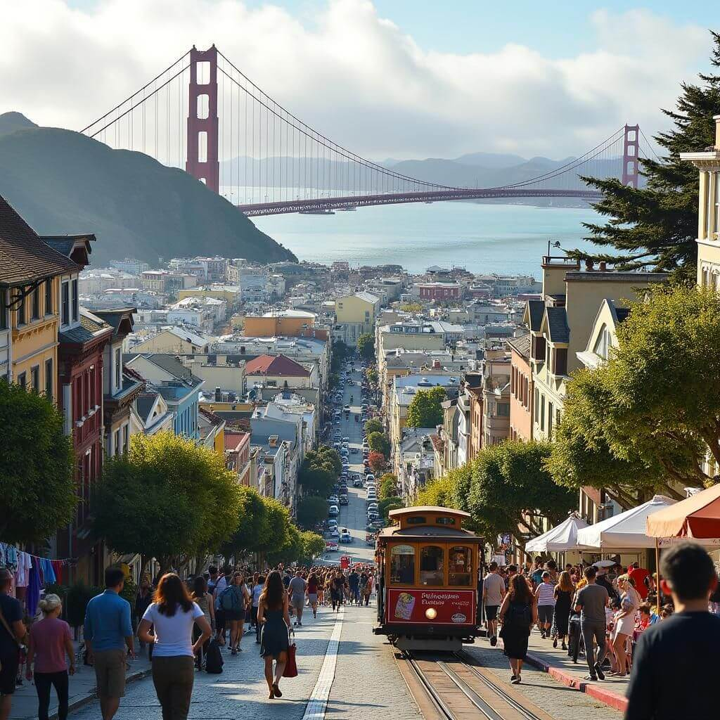 San Francisco street with a historic cable car, busy pedestrians, and the Golden Gate Bridge in the background