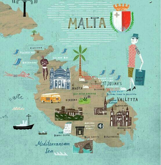 Illustrated map of Malta showing major towns, bays, landmarks, and attractions