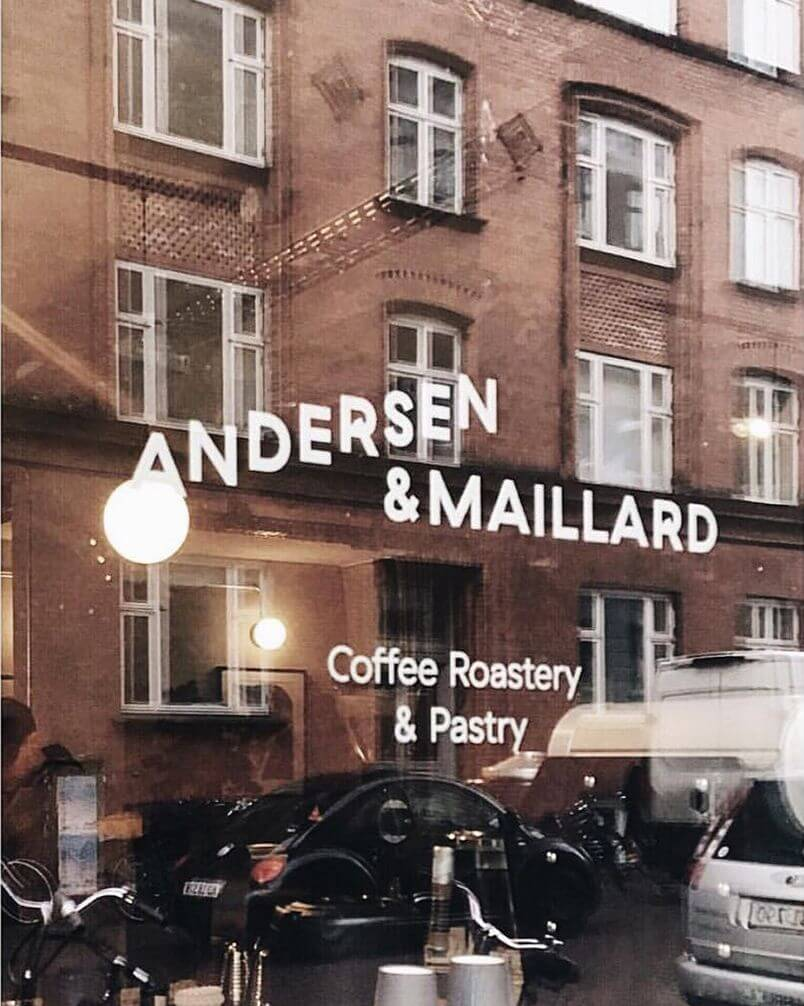 Reflected window view of Andersen & Maillard Coffee Roastery & Pastry in Copenhagen