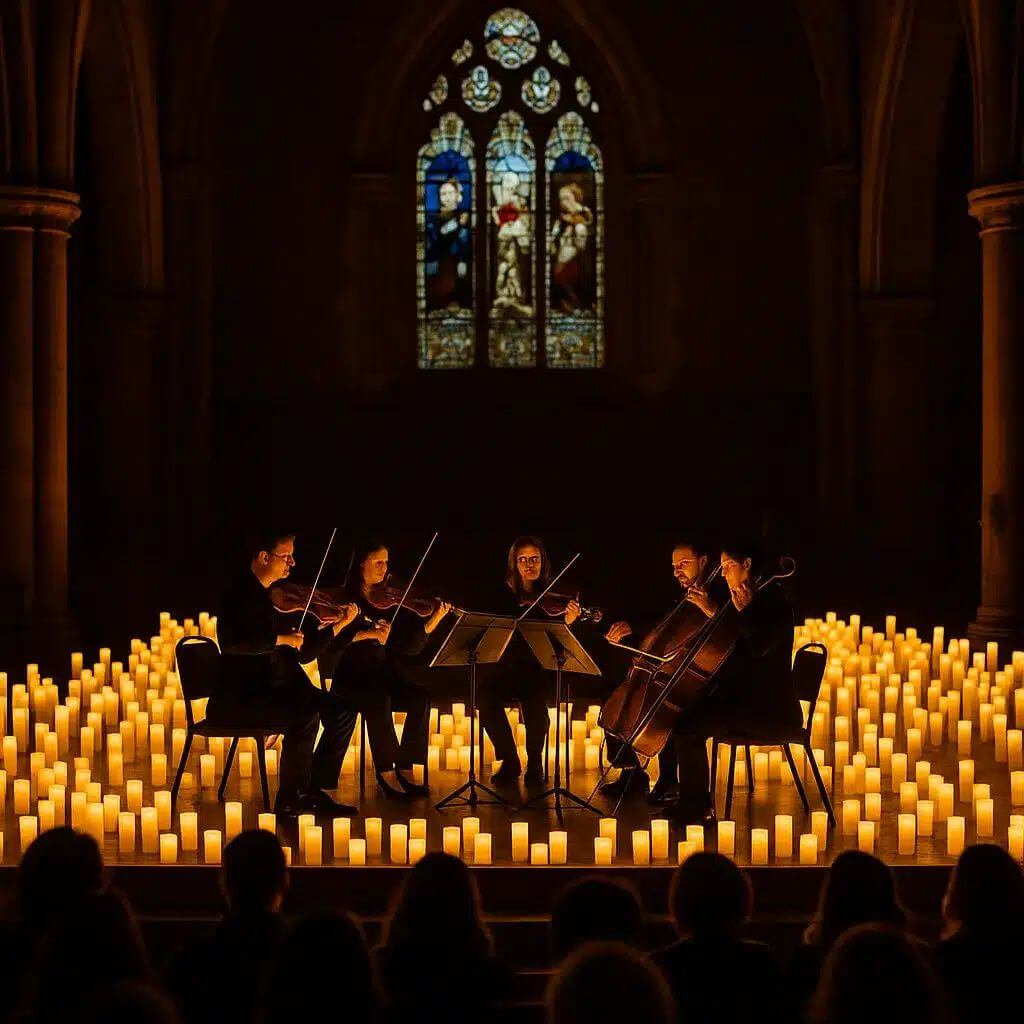 Candlelit classical music concert with a string quartet performing in a church.