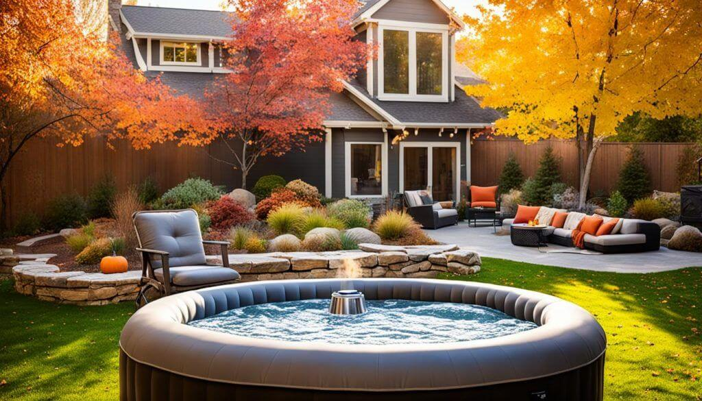 Beautiful backyard with inflatable hot tub, modern patio furniture, and colorful autumn trees.