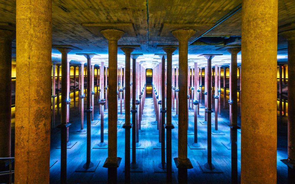 View of illuminated columns in an underground cistern