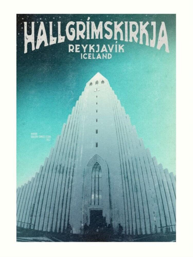 Poster of Hallgrímskirkja church in Reykjavík, Iceland featuring modernist architecture.