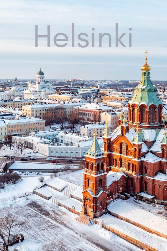 Winter aerial view of Helsinki with the Uspenski Cathedral and Helsinki Cathedral.