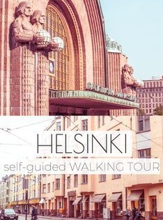 Helsinki self-guided walking tour poster featuring iconic city architecture.