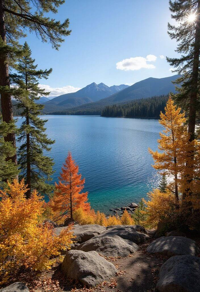 Scenic view of Lake Tahoe with autumn foliage, mountains, and clear blue water.