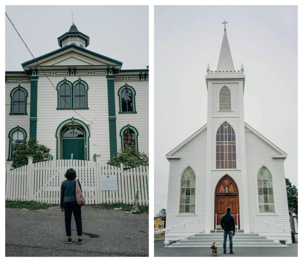 Mendocino historic buildings: Victorian house and white church.