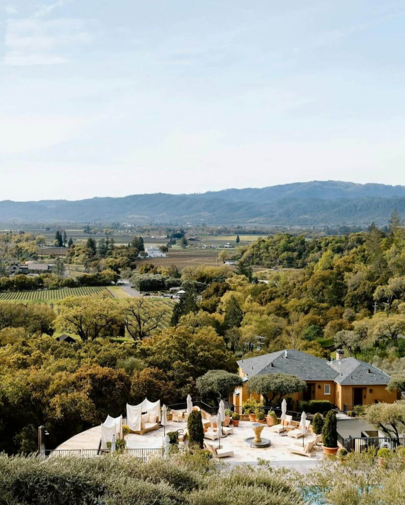 Scenic view of Napa Valley vineyards and rolling hills from a vineyard estate.