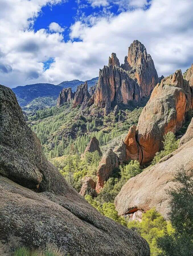 Stunning view of the jagged rock formations and lush landscape at Pinnacles National Park, California.