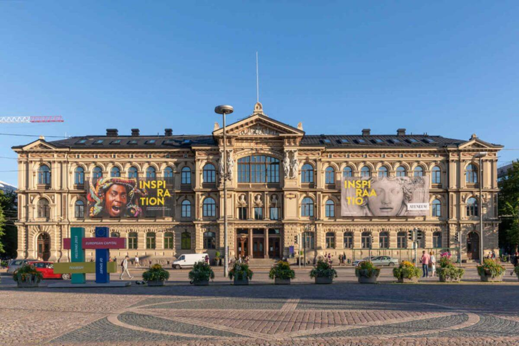 Ateneum Art Museum in Helsinki with large inspiration banners on the historic building.