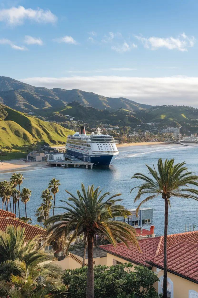 View of a cruise ship docked at the beach with palm trees and hills in the background, Santa Barbara.
