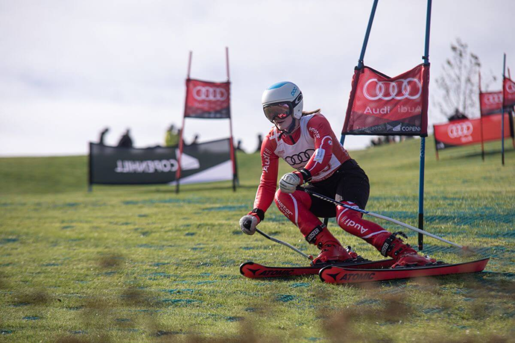 Skier navigating a slalom course at Copenhill