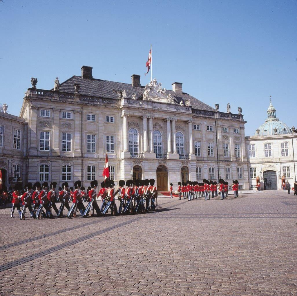 Royal guards marching at Amalienborg Palace in Copenhagen