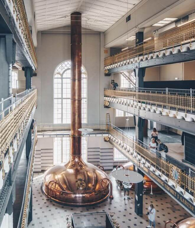 Interior of the Carlsberg Brewery in Copenhagen with large copper vat
