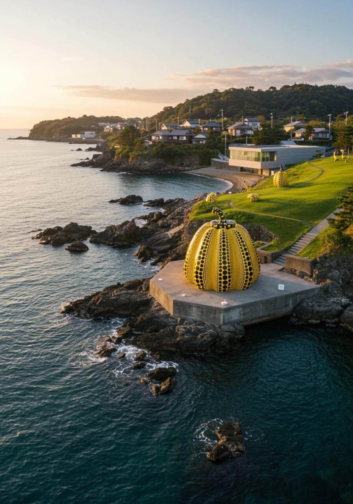 Yellow pumpkin sculpture by Yayoi Kusama on Naoshima Island’s seaside art park.