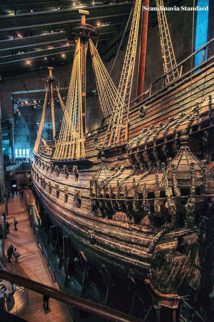 "Vasa ship on display at the Vasa Museum in Stockholm, showcasing its intricate wooden details."