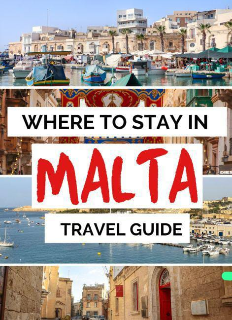 Collage of Malta travel scenes including harbors, boats, and historic streets for a ‘Where to Stay in Malta’ guide