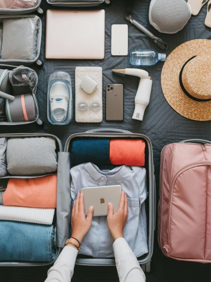 Essential travel accessories neatly packed in a suitcase for smart travelers