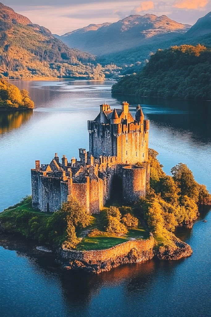Scenic castle on a lake in Scotland surrounded by mountains