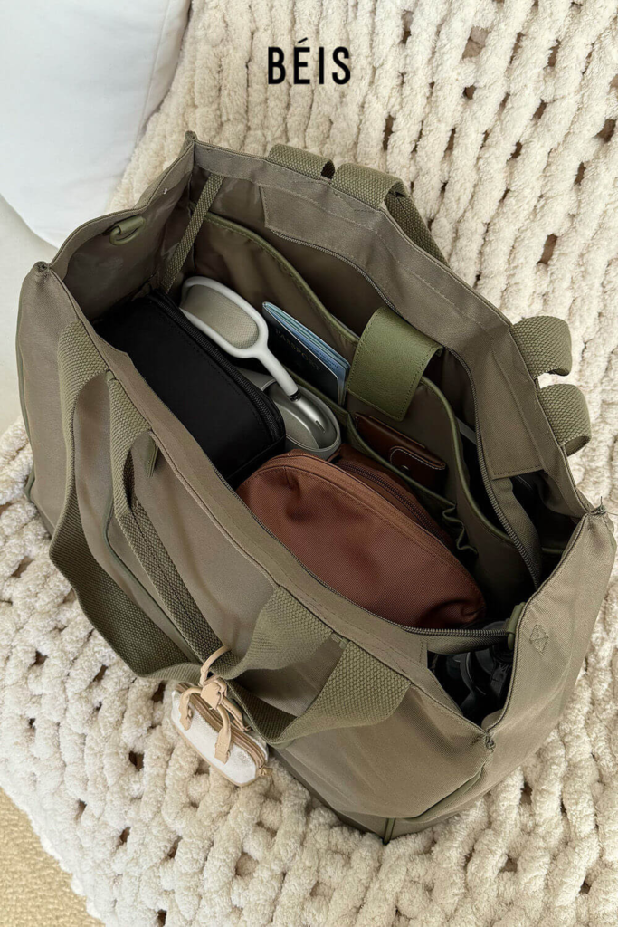 Organized travel tote bag with essentials for daily trips and flights