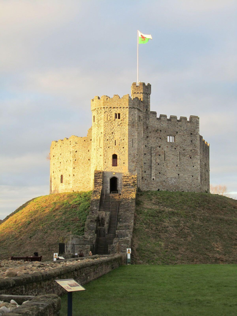 Cardiff Castle in Wales with medieval stone towers