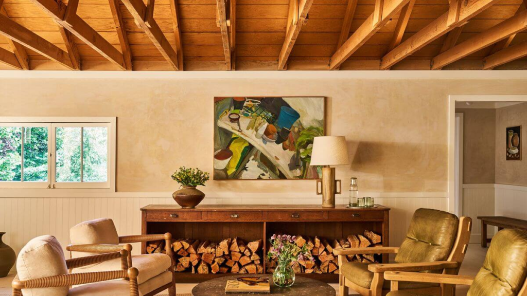 Cozy California boutique hotel interior with rustic wooden design