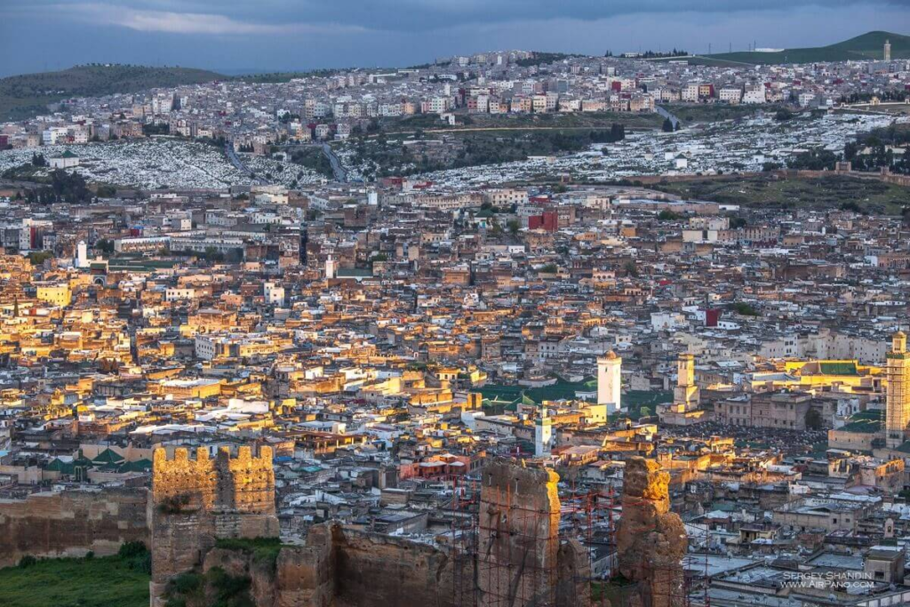 Aerial view of Fes el-Bali medina with dense historic buildings