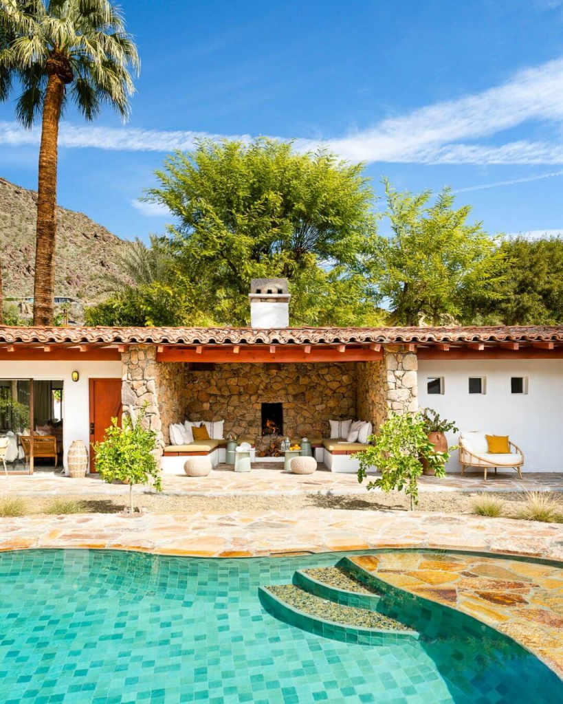 Luxury California desert hotel with pool and Mediterranean-style patio