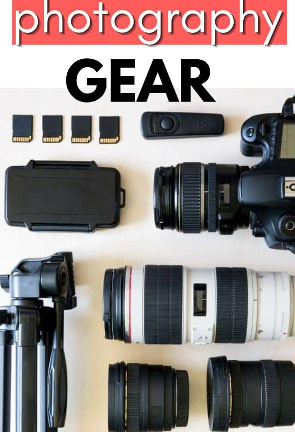 Essential travel photography gear including camera, lenses, tripod, and accessories