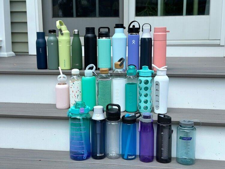 Reusable travel water bottles in various sizes and colors