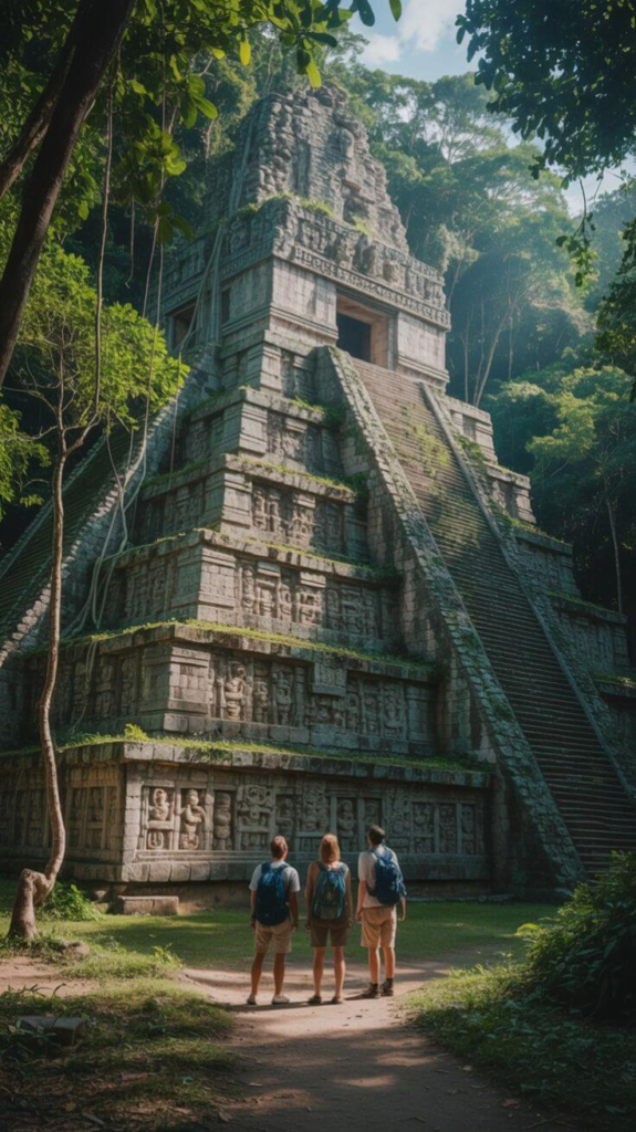 Travelers exploring ancient Mayan ruins surrounded by lush jungle in Mexico