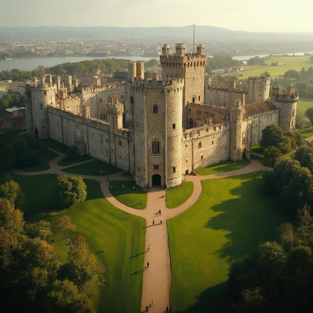 Aerial view of Windsor Castle surrounded by green gardens, a top attraction in Windsor, England