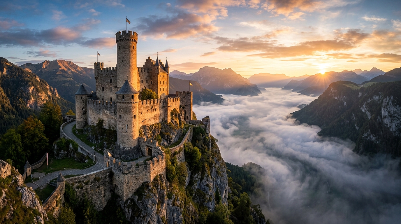 majestic medieval castles on mountain cliffs during sunrise
