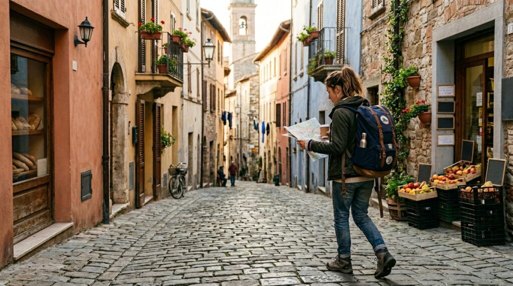 budget traveler in Italy walking