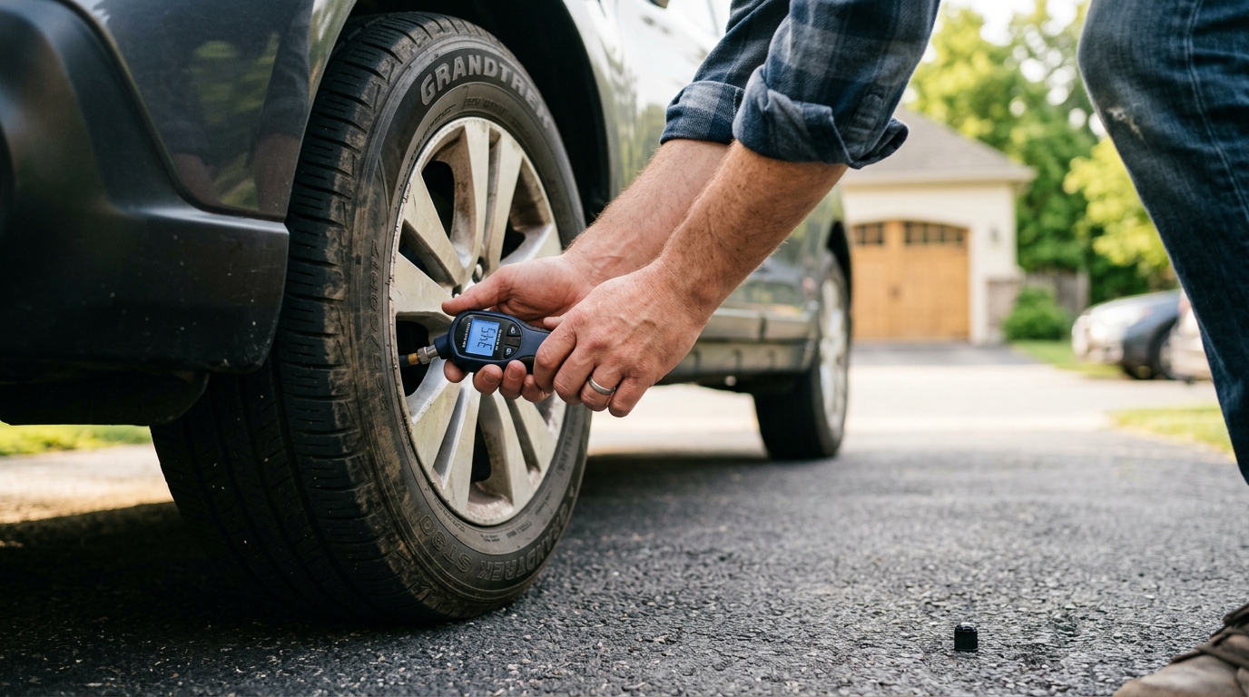 hands checking tire pressure