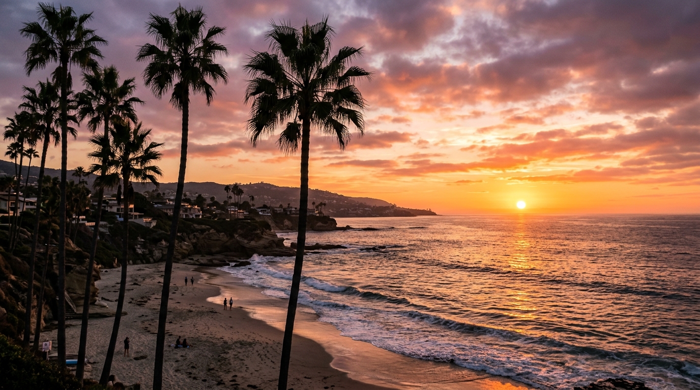 laguna beach at sunset with palm trees

