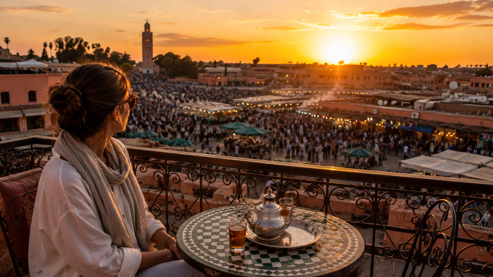 Sunset over Moroccan market terrace 