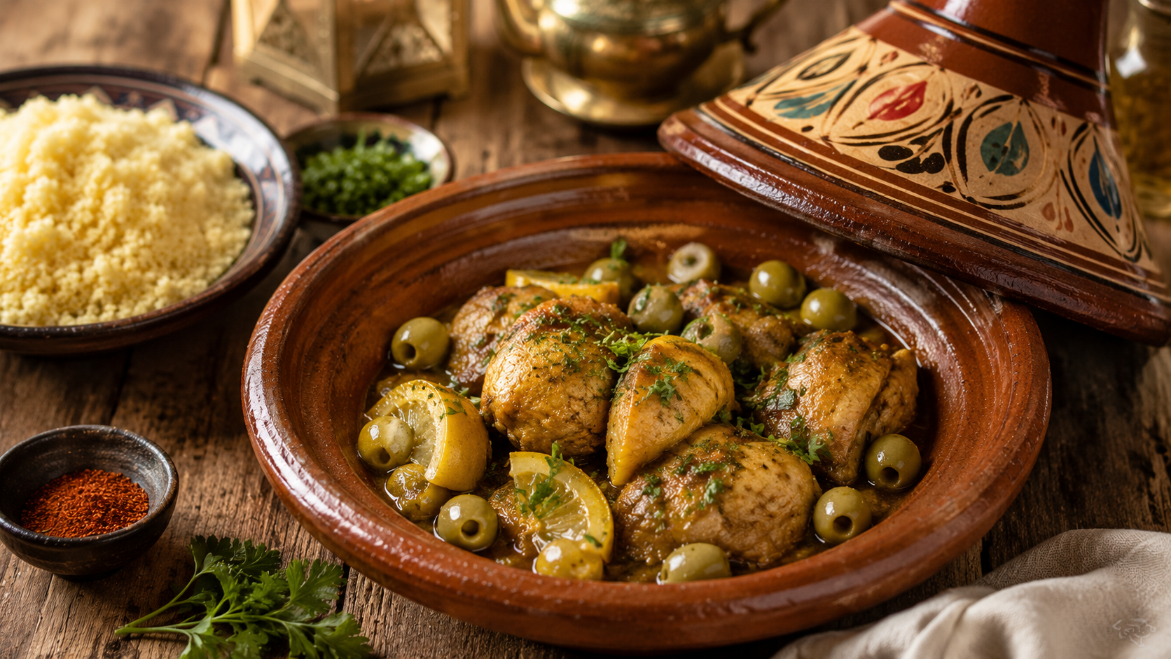 Rustic Moroccan tagine with herbs and couscous 