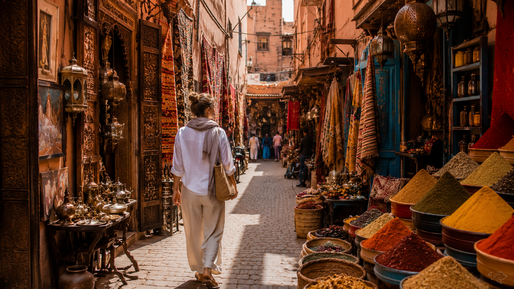 Sunlit alley in a Moroccan souk

