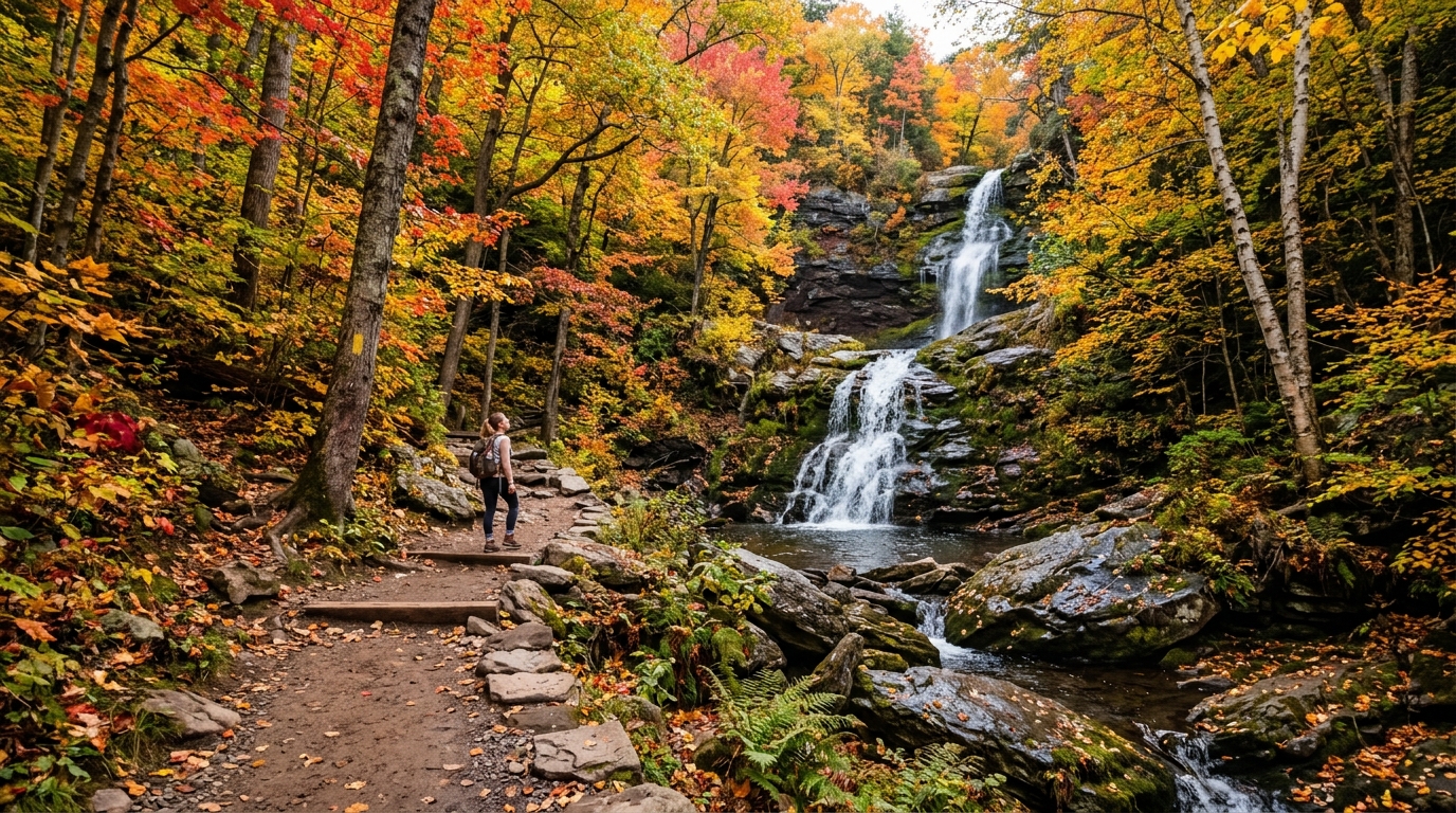 Waterfall and forest hiking trail